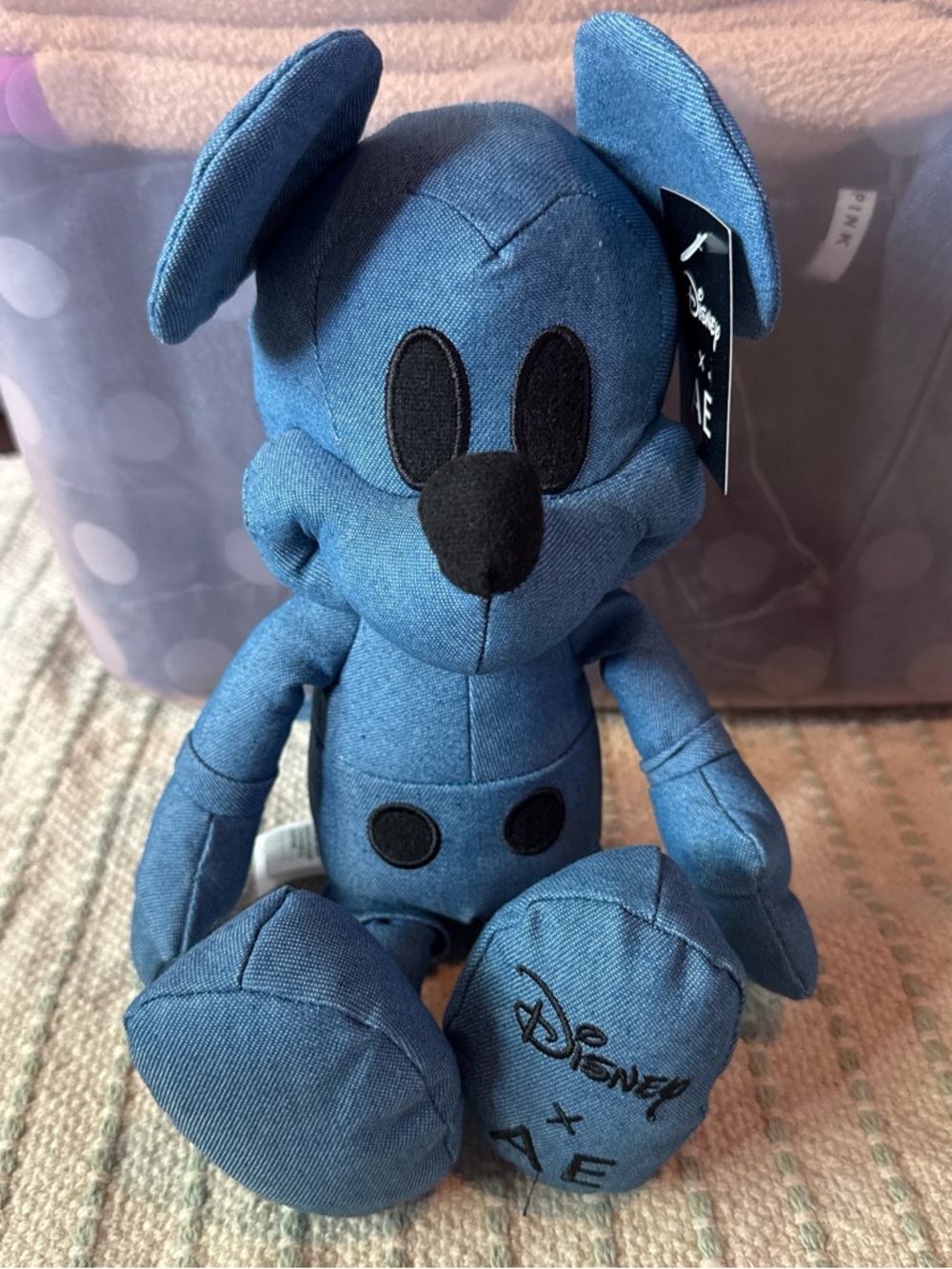 Disney Blue Denim-Style Plush with Black Logo Tag